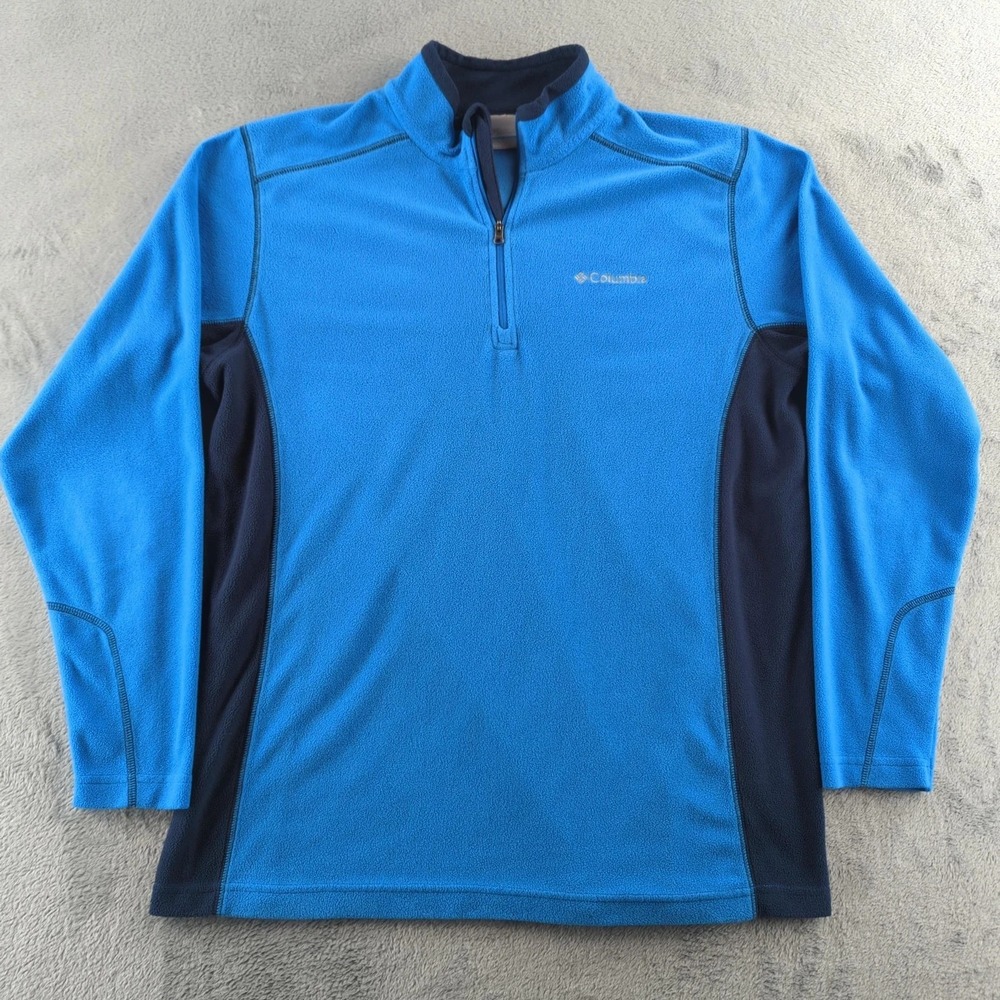 Columbia Fleece Pullover Mens Medium Blue Navy Quarter Zip Jacket Sweater Logo